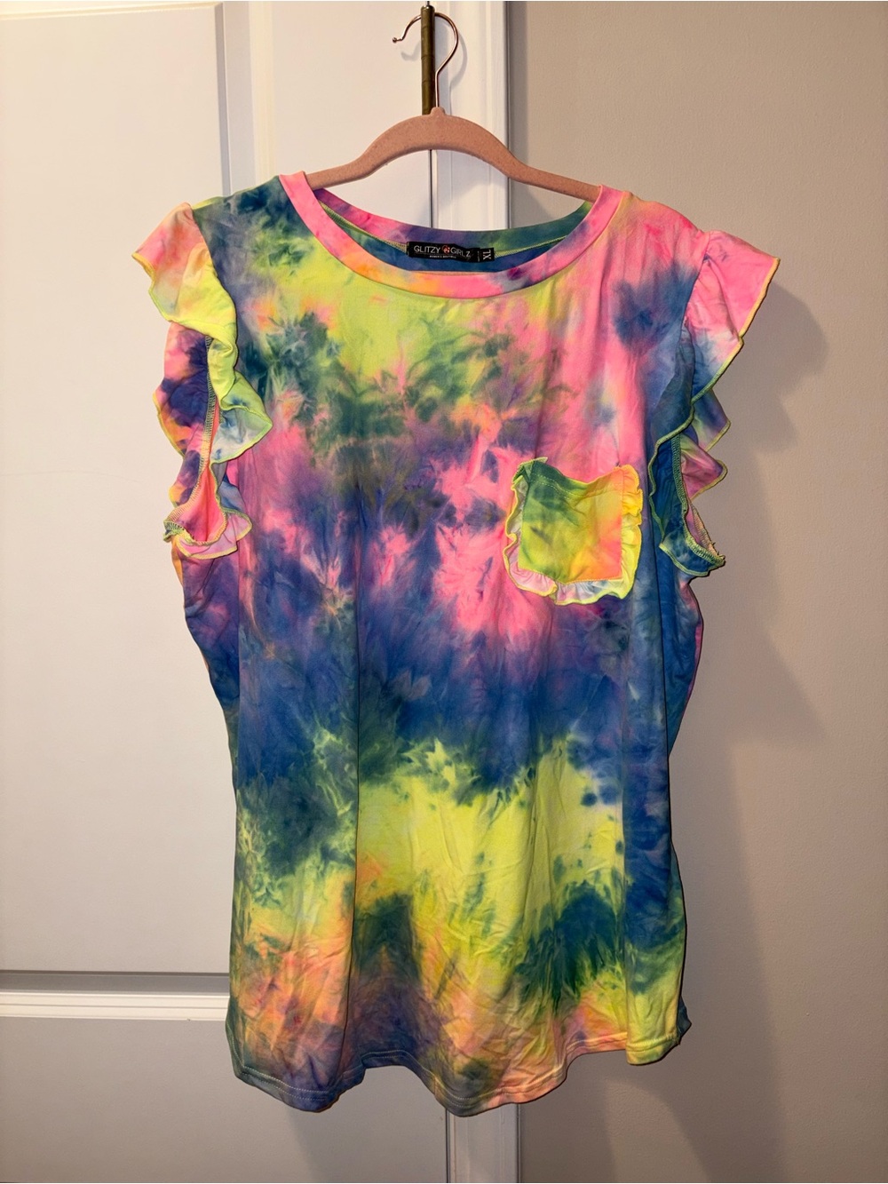 Tie-Dye Ruffle Sleeve Pocket Blouse - Neon Multi